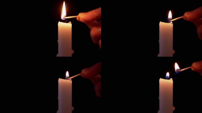 黑色背景上使用火柴的女性手灯石蜡蜡烛