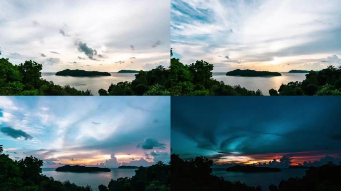 马来西亚浮罗交怡岛惊人日落的时间流逝。云和颜色变化很快。