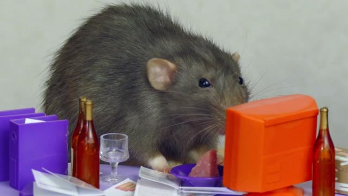 老鼠在办公室的餐桌上吃商务午餐
