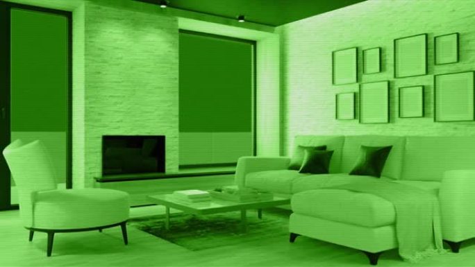 白色斯堪的纳维亚客厅与生态壁炉的监控。现代室内。智能家居安防系统概念。