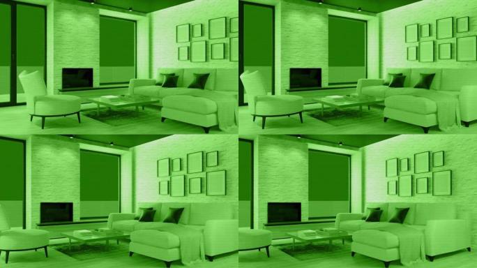 白色斯堪的纳维亚客厅与生态壁炉的监控。现代室内。智能家居安防系统概念。