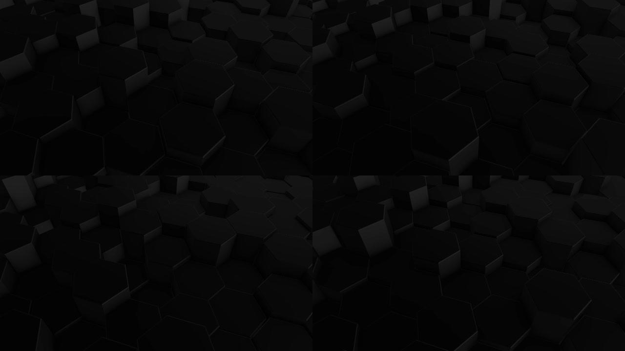 表面的4k六边形在无缝3d动画中强照明下变形，抽象运动设计背景-抽象形状 (可循环)-随机移动的六边