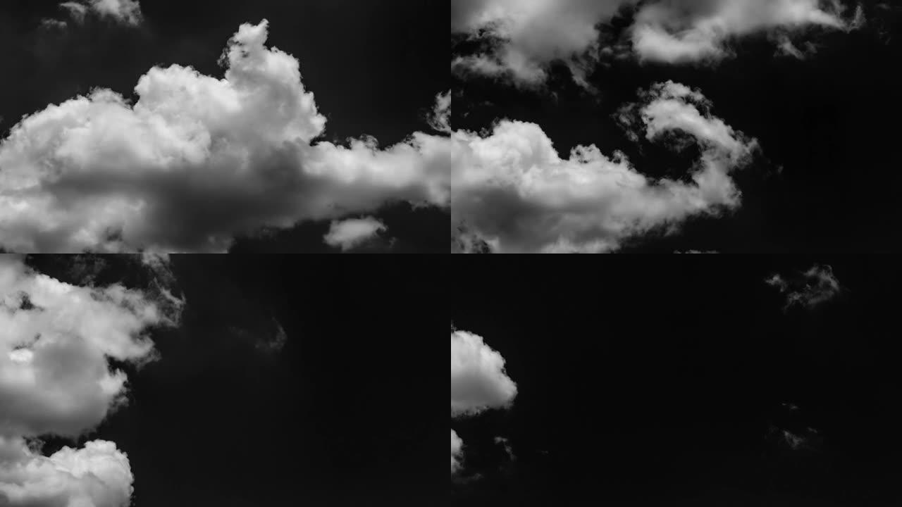 黑色背景上单独的白云的延时有真实的云。白云的延时隔离在黑色背景现实云上。孤立的白色蓬松积云的延时