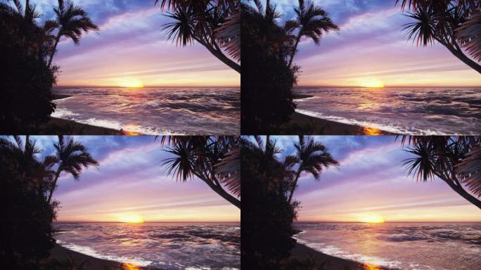 海边热带日出的循环动画。大海诱人地飞溅，太阳升起在地平线之上。动画是为了自然、夏天或旅行背景。