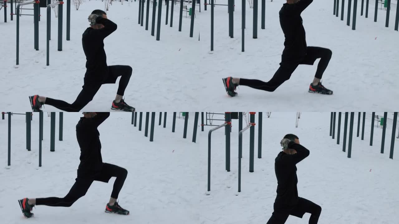 男子在冬季在运动场上进行户外训练