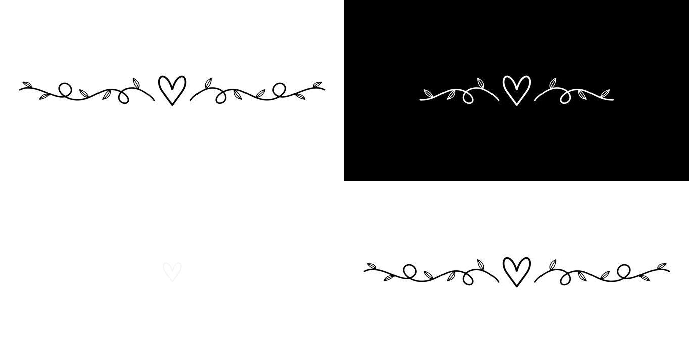浪漫分隔器动画。有曲线的心形。手绘涂鸦。手写草图。带心脏图标的艺术分隔器。可编辑的背景。4k视频60