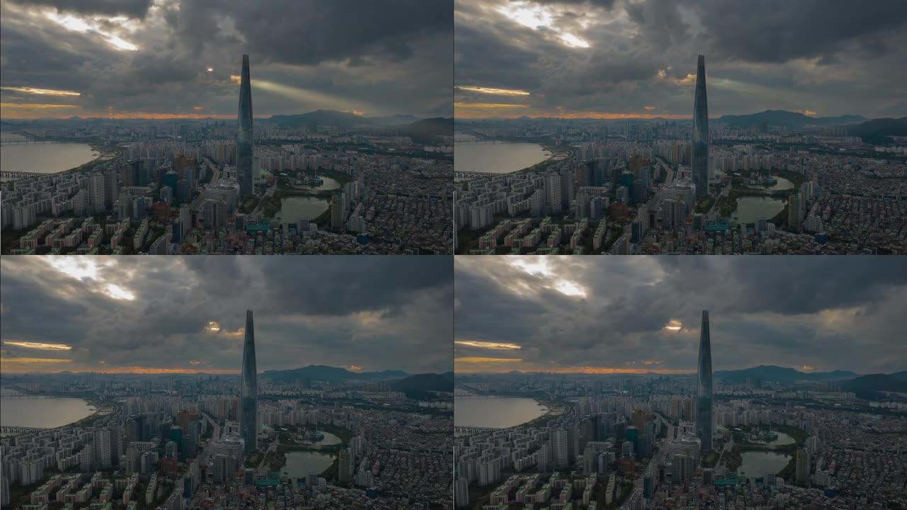 飞越首尔城市景观著名塔日落天空空中全景4k延时韩国