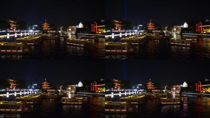夜间照明南京市著名老城区河流游客拥挤船坞广场全景4k中国