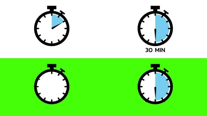 30分钟，秒表图标。平面样式的秒表图标，彩色背景上的计时器。运动图形。