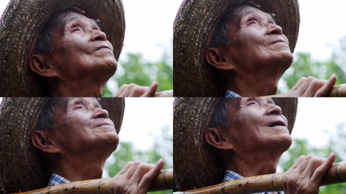 一个高兴的亚洲老人站在花园里，面向天空的特写镜头。农民对季节下雨感到高兴。