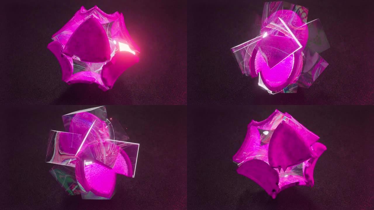 动画玻璃立方体形成一个美丽的加密技术球，反射