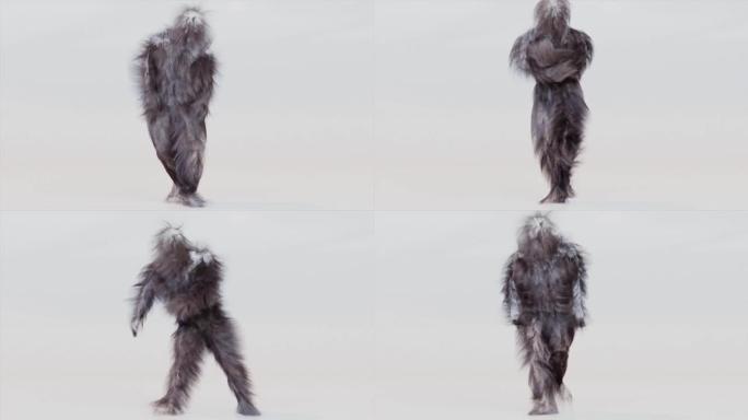 白色背景上孤立的多毛怪物舞蹈剪辑。毛皮明亮有趣的蓬松角色，毛皮，满头头发，丘巴卡，雪人，3d渲染。偷