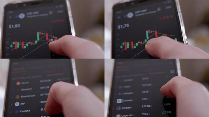 人类触摸屏幕智能手机，查看加密货币价格图表。4K