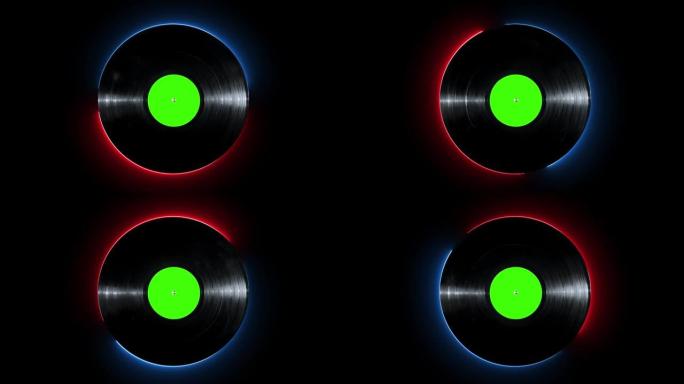 发光的霓虹灯线旋转在黑色背景上孤立的乙烯基盘。