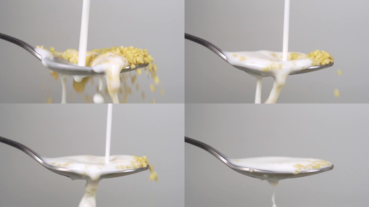 牛奶以慢动作倒入一勺生蒸粗麦粉中