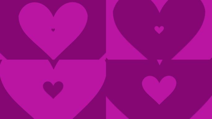 紫色，美丽的心形流动隧道移动快速无缝，抽象浪漫未来背景，循环3d动画，圣诞节和情人节，爱情关系节日活