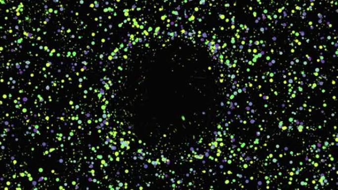 外太空黑网罩的抽象可视化。动画。由遍布屏幕的数百万个彩色圆点创建的戒指