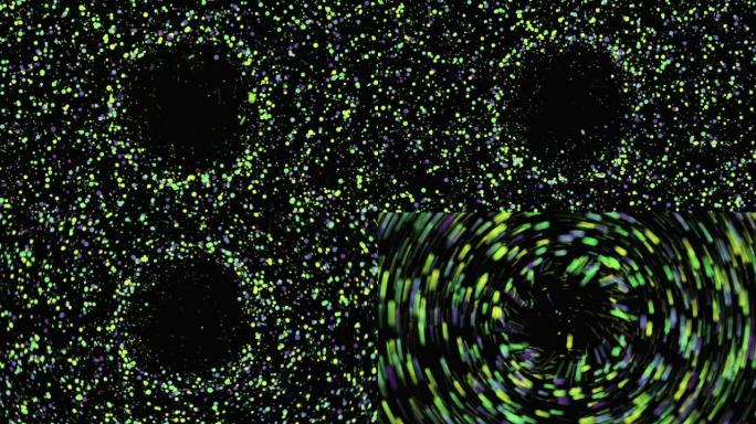 外太空黑网罩的抽象可视化。动画。由遍布屏幕的数百万个彩色圆点创建的戒指