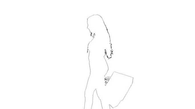 长发散步的时尚女孩的轮廓草图。女性购物者，包装孤立在白色背景上。侧视图