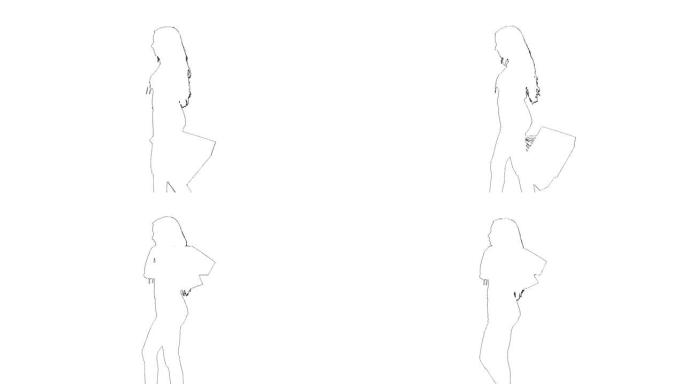 长发散步的时尚女孩的轮廓草图。女性购物者，包装孤立在白色背景上。侧视图