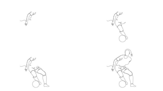 两个踢足球的女孩连续线描的自画动画。