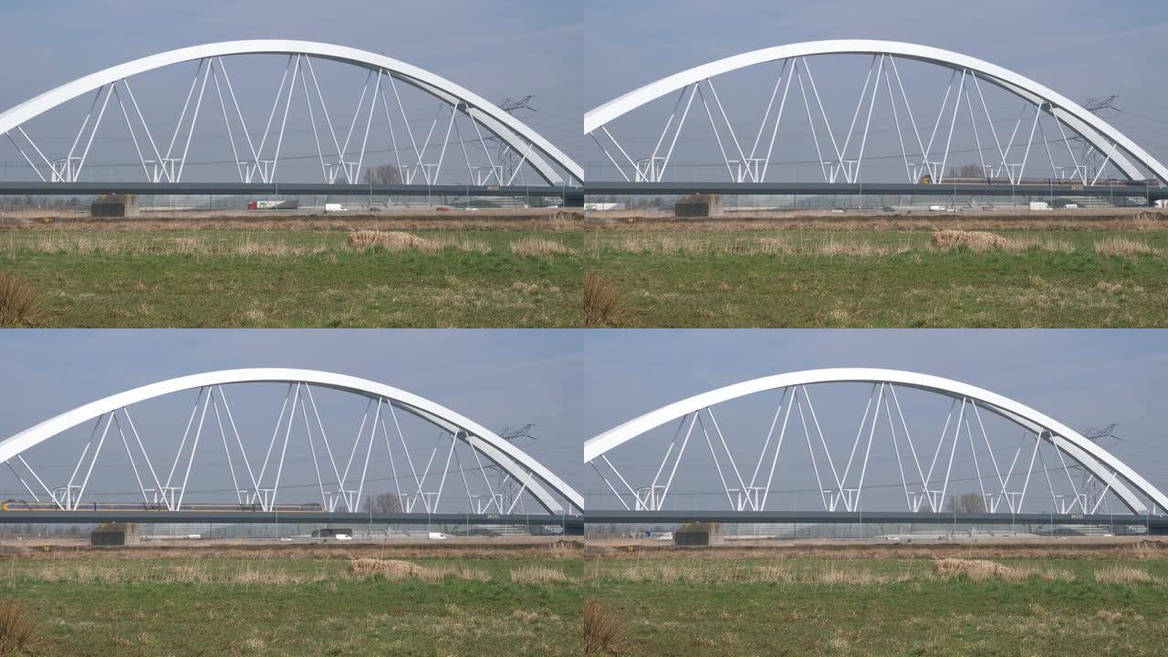 荷兰A1高速公路上的Zandhazen铁路桥梁，火车上行驶