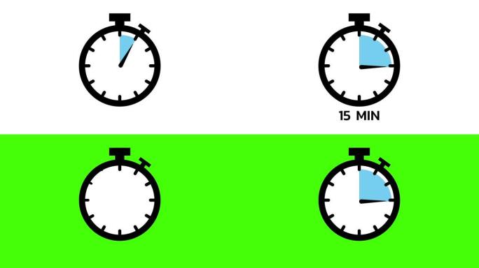 15分钟，秒表图标。平面样式的秒表图标，彩色背景上的计时器。运动图形。