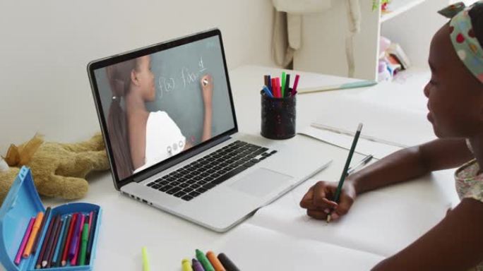 非裔美国女孩在家里用笔记本电脑与女老师进行视频通话时正在做作业