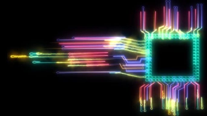 未来抽象彩虹数字智能扭曲光高速芯片数据处理技术全功率和能量电池四处移动