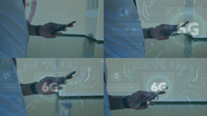 6g文本和发光的计算机主板在使用智能手机行走的人身上的动画