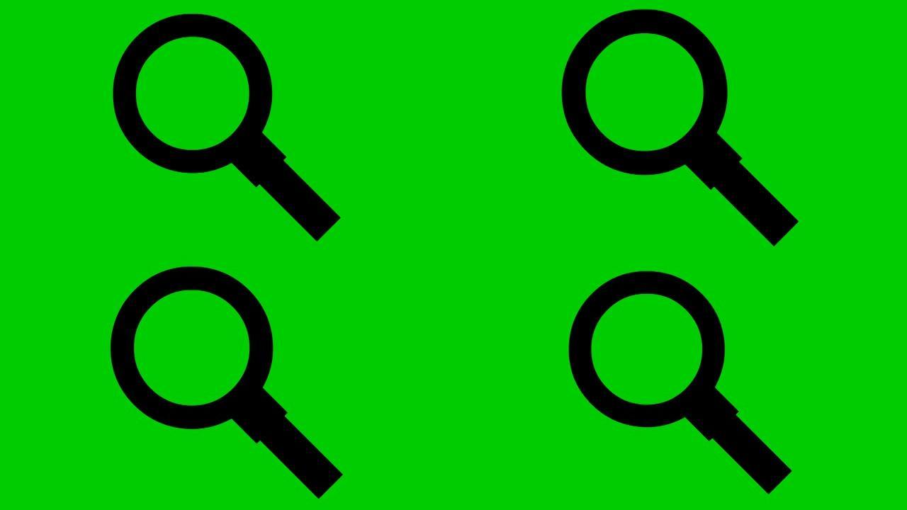 放大镜的动画黑色图标。符号放大镜。搜索、发现的概念。循环视频。矢量插图孤立在绿色背景上。