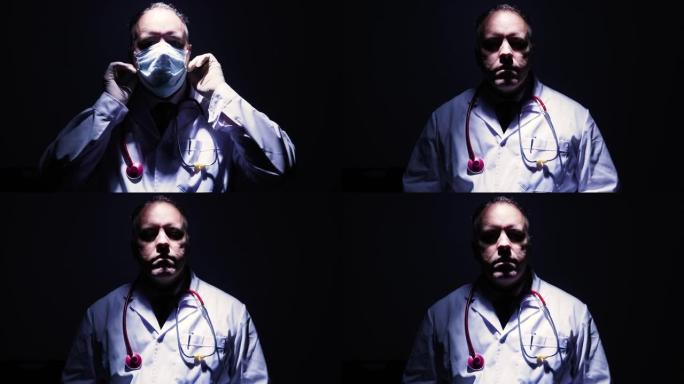戴着口罩和手套的医生肖像在黑暗中看着相机，拿着下巴，他是一个英雄，就像护士医生病毒学家一样，与冠状病