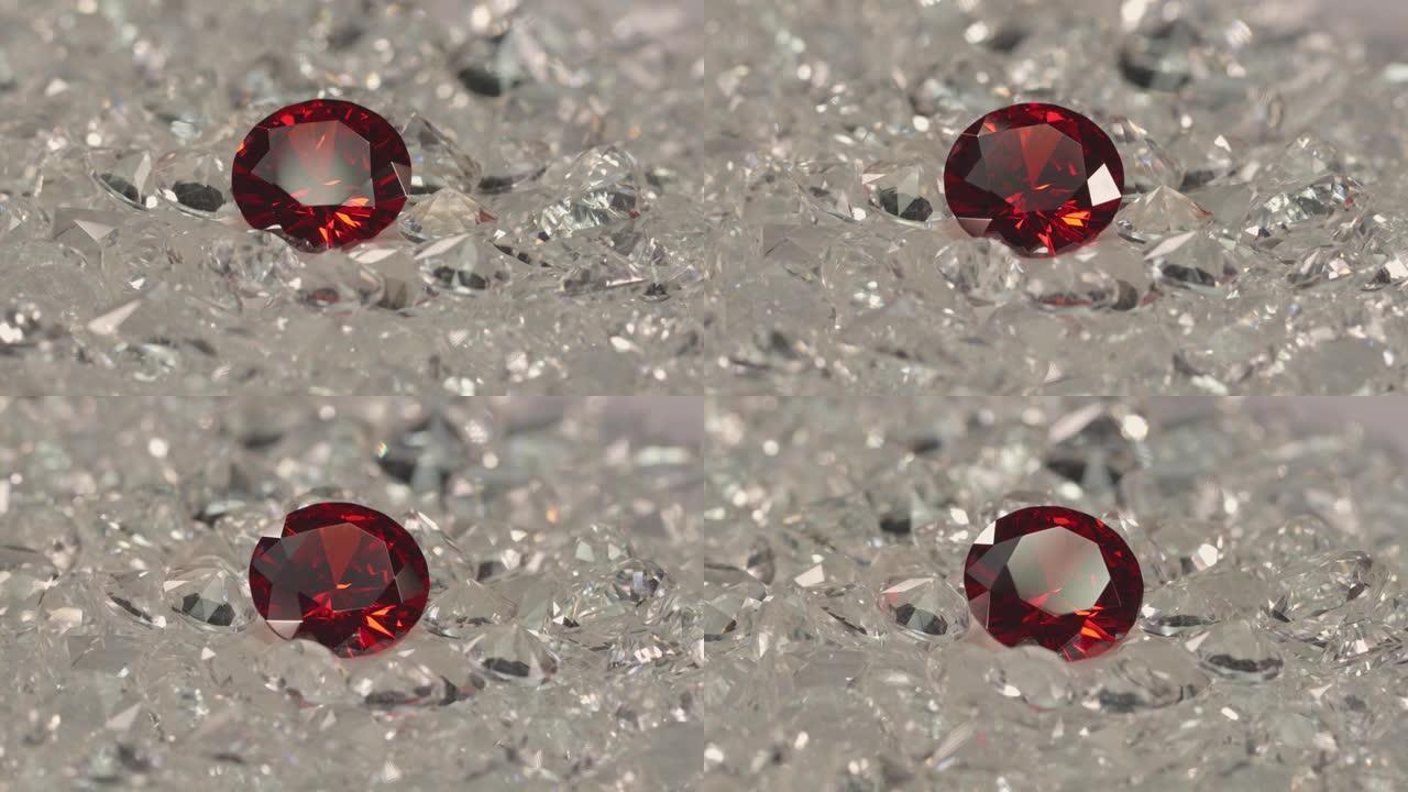 一堆白色钻石上的红宝石钻石。