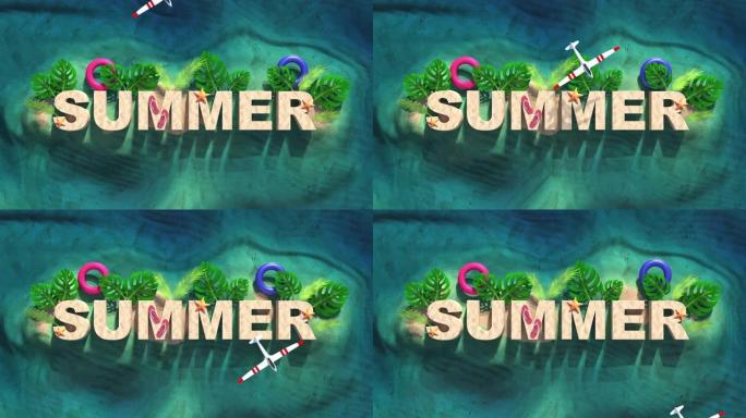 夏季海滩横幅设计的3d渲染插图。旅行背景。3d文本岛屿，五颜六色的元素monstera和棕榈叶，拖鞋