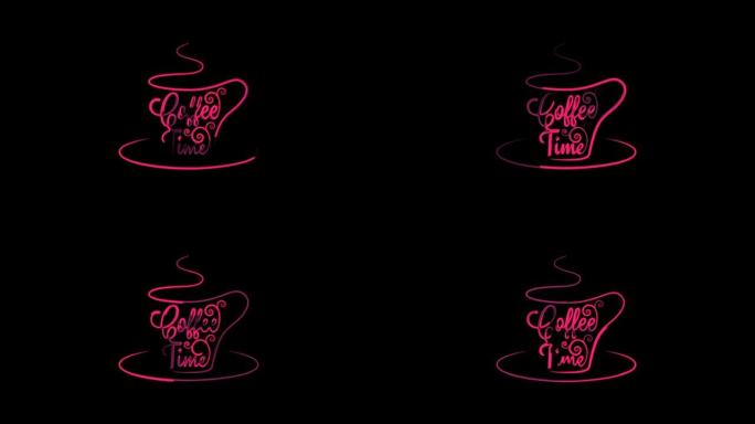 黑色背景上咖啡标志的霓虹灯动画。咖啡时间标志无缝动画4k视频。