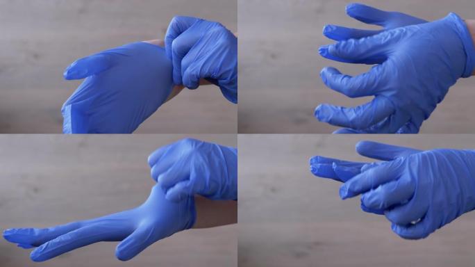 医生，护士穿着乳胶，丁腈蓝色手套。女性手臂。4K