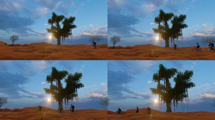 日落时间，3D，情侣在沙漠景观的绿树前骑自行车