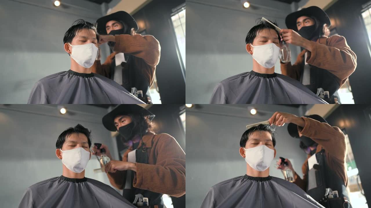 男性正在理发店理发。理发业。工作机会理发师。