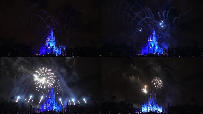 迪士尼乐园美丽多彩的烟花，夜间循环背景闪亮展示。用于7月4日，节日，周年纪念日，庆祝活动，聚会，新年