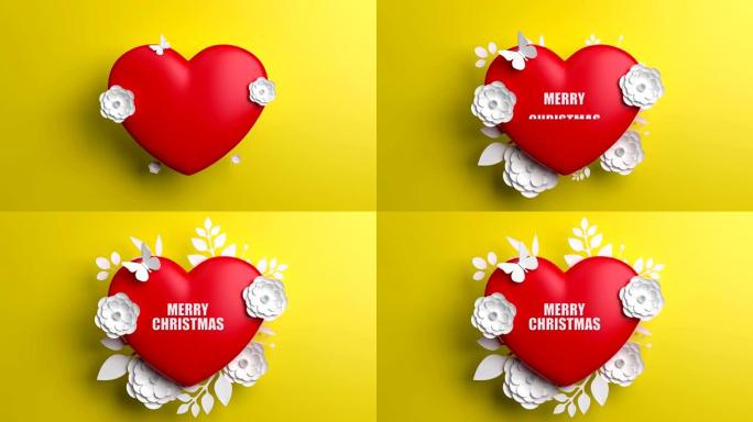 黄色背景上有鲜花和心形的圣诞快乐概念
