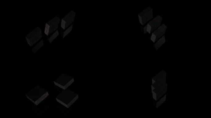 黑色立方体旋转3D帧。块组件的等距运动。立方体零件，移动和移动，孤立在黑色背景几何形状的建筑环。