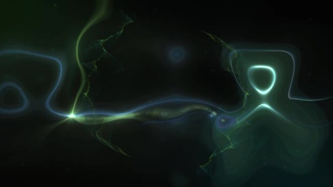 黑色背景上的绿色和蓝色烟雾和灯光痕迹的动画