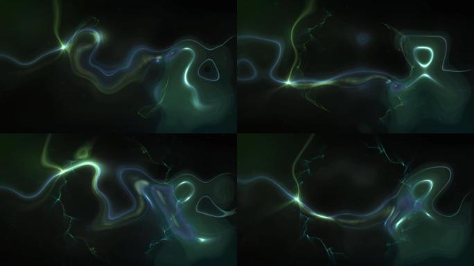 黑色背景上的绿色和蓝色烟雾和灯光痕迹的动画