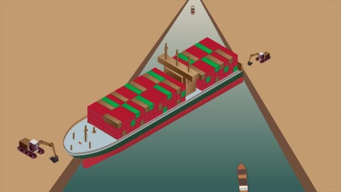 苏伊士运河堵塞。海上交通堵塞的动画插图概念。集装箱货船搁浅并卡在苏伊士运河。