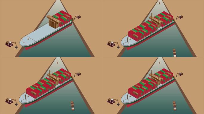 苏伊士运河堵塞。海上交通堵塞的动画插图概念。集装箱货船搁浅并卡在苏伊士运河。