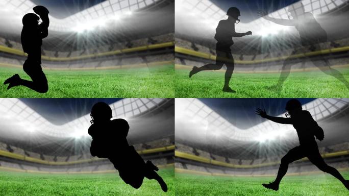 在运动场上举行的美式足球运动员的剪影动画