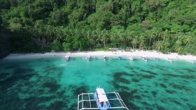 巴拉望的木瓜海滩，观光的地方。在菲律宾爱妮岛巡回演出。宁静的白色沙滩，清澈的绿松石水，背景中的棕榈树