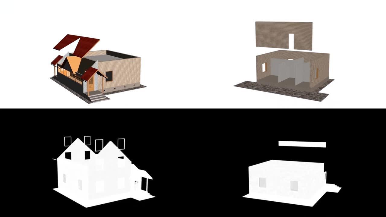 延时3d动画显示了房屋的建造过程。带亮度哑光。