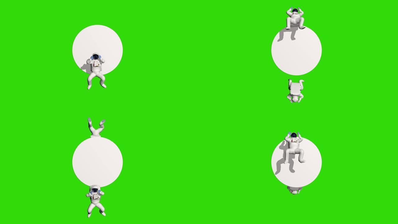 宇航员绕着一块空白的圆板旋转，有文字空间，绿屏Chromakey