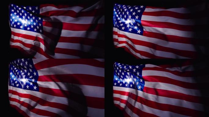 在黑色演播室背景上挥舞着美国国旗。美利坚合众国的大旗飘扬。美国国旗的慢动作。美国国家自由与民主的象征